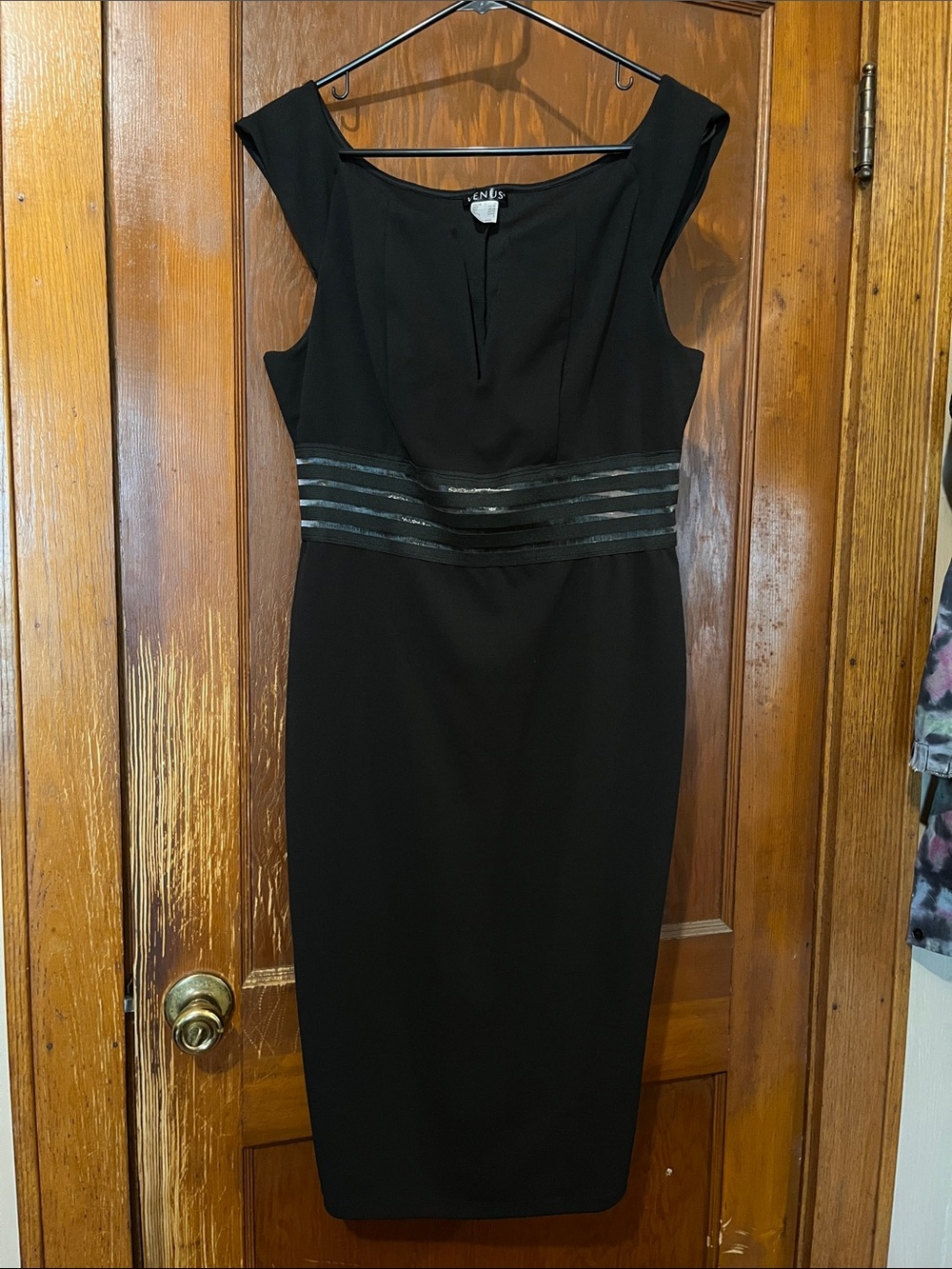 VENUS Black Sleeveless Midi Sheath Dress with Shimmery Waist Stripes